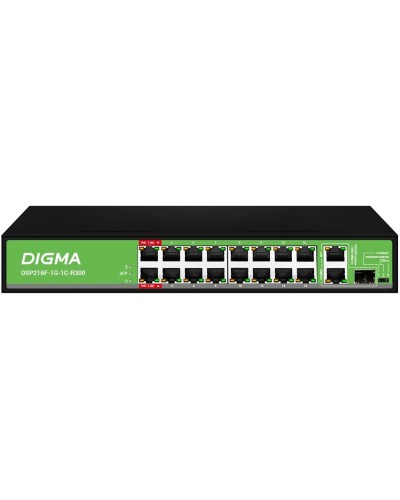 DSP216F-1G-1C-R300 (L2) 16х100Мбит/с 1х1Гбит/с 1хКомбо(1000BASE-T/SFP) 16PoE 16PoE+ 2PoE++ 300W. Коммутатор с питанием по PoE. Digma в Новосибирске
