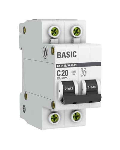 Автоматический выключатель 2P 20А (C) 4,5кА ВА 47-29 Basic (mcb4729-2-20C). Автоматический выключатель. EKF в Новосибирске