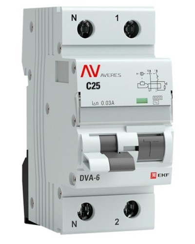 DVA-6 1P+N 25А (C) 30мА (AC) 6кА  AVERES (rcbo6-1pn-25C-30-ac-av). Автоматический выключатель дифференциального тока. EKF в Новосибирске