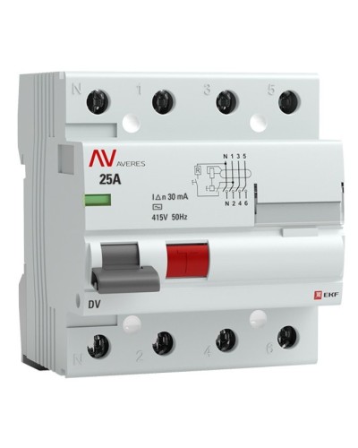 DV 4P 25А/ 30мА (AC)  AVERES (rccb-4-25-30-ac-av). Выключатели дифференциального тока (УЗО). EKF в Новосибирске