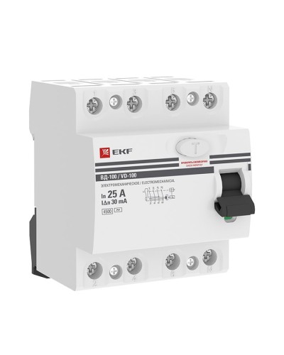 УЗО ВД-100 4P 25А 30мА тип AC эл-мех  PROxima (elcb-4-25-30-em-pro). Выключатель дифференциального тока (УЗО). EKF в Новосибирске