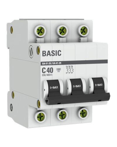Автоматический выключатель 3P 40А (C) 4,5кА ВА 47-29 Basic (mcb4729-3-40C). Автоматический выключатель. EKF в Новосибирске