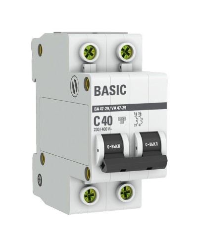 Автоматический выключатель 2P 40А (C) 4,5кА ВА 47-29 Basic (mcb4729-2-40C). Автоматический выключатель. EKF в Новосибирске