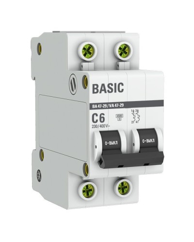 Автоматический выключатель 2P 6А (C) 4,5кА ВА 47-29 Basic (mcb4729-2-06C). Автоматический выключатель. EKF в Новосибирске