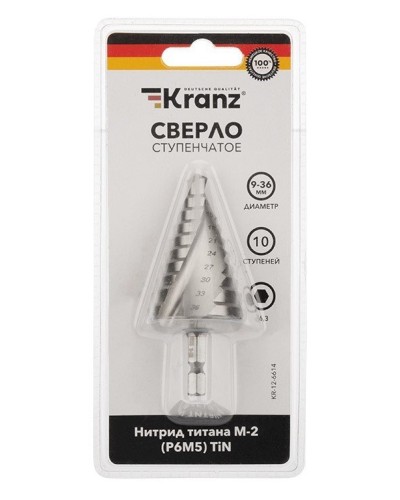 Сверло по металлу ступенчатое ТИТАН 9,0-36,0 мм 110 mm 65 HRC Р6М5 TiN Kranz (KR-12-6614): Сверло по металлу шлифованное в Новосибирске