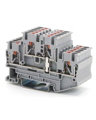 Клемма двухуровневая, зажим push-in, 2.5 кв.мм, серая (VPRTT-2.5-PV-GY). Клемма проходная, 4 точки подключения, уровни соединены перемычкой. ДКС в Новосибирске