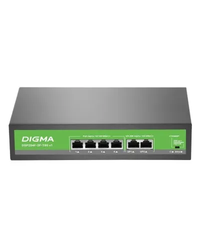 DSP204F-2F-T80 DSP204F-2F-T80 V1 (L2) 6х100Мбит/с 4PoE 4PoE+ 80W. Коммутатор с питанием по PoE. Digma в Новосибирске