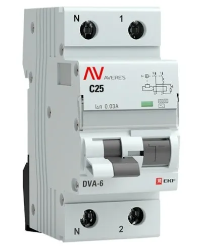 DVA-6 1P+N 25А (C) 30мА (AC) 6кА  AVERES (rcbo6-1pn-25C-30-ac-av). Автоматический выключатель дифференциального тока. EKF в Новосибирске