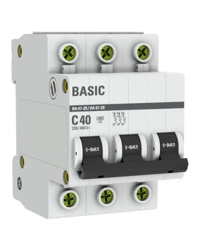 Автоматический выключатель 3P 40А (C) 4,5кА ВА 47-29 Basic (mcb4729-3-40C). Автоматический выключатель. EKF в Новосибирске