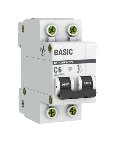 Автоматический выключатель 2P 6А (C) 4,5кА ВА 47-29 Basic (mcb4729-2-06C). Автоматический выключатель. EKF в Новосибирске