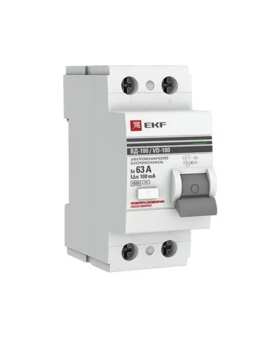 УЗО ВД-100 2P 63А 100мА тип AC эл-мех  PROxima (elcb-2-63-100-em-pro). Выключатель дифференциального тока (УЗО). EKF в Новосибирске