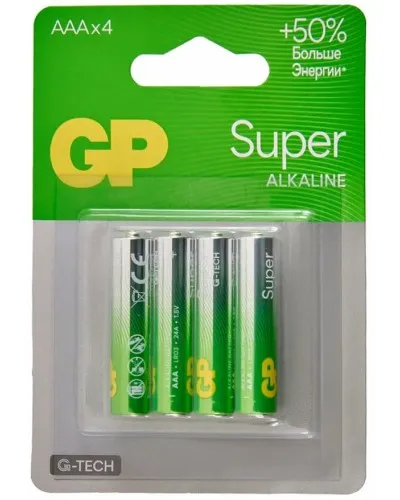 GP Super Alkaline 24A AAA (GP 24AA21-2CRSBC4), упак. 4 шт. БЛИСТЕР. Алкалиновые батарейки. GP Batteries в Новосибирске