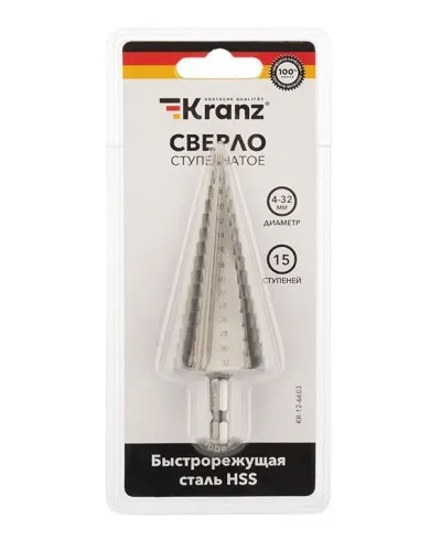 Сверло по металлу ступенчатое 4,0-32,0 мм 102 mm 62 HRC Kranz (KR-12-6603): Сверло по металлу шлифованное в Новосибирске